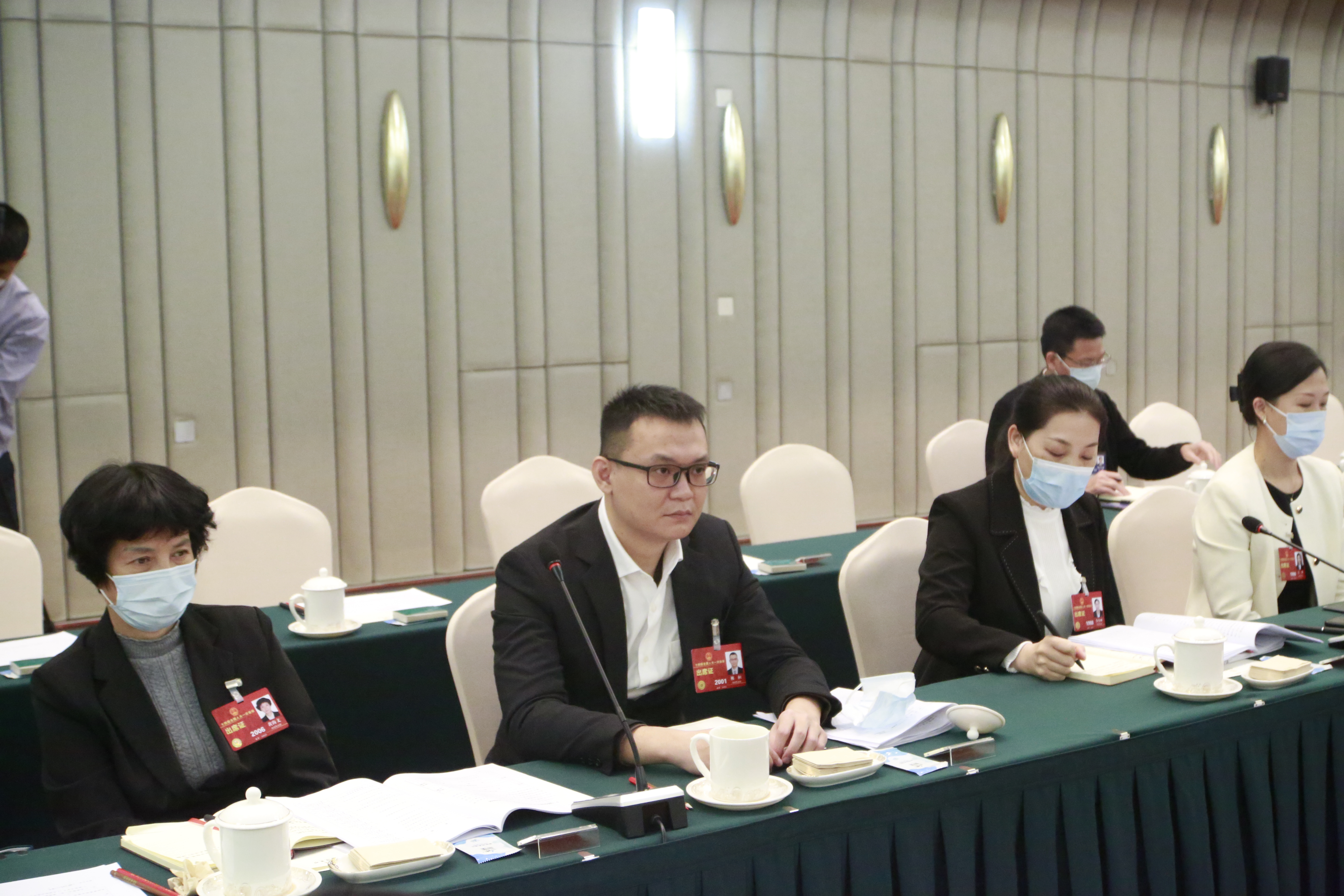 3月8日上午，海南代表团在住地审议全国人大常委会工作报告，图为林桓代表发言